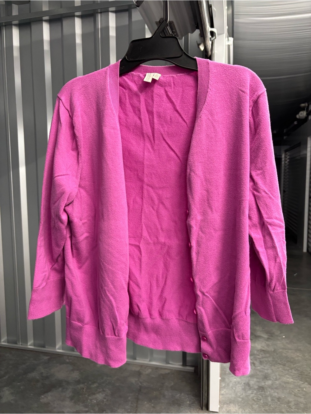 Madison Pink Button Up Women's Cardigan Sweater Ribbed Trim 3/4 Sleeves L